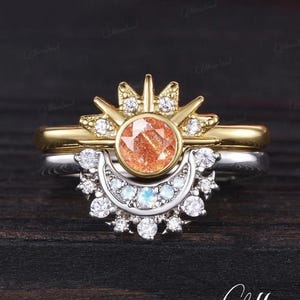 Sun And Moon Ring Set Unique Yellow Gold Bezel Sunstone Ring Natural Moonstone Couple Rings Moissanite Halo Men&#39;s Wedding Band Anniversary