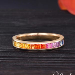 Natural Rainbow Sapphire Wedding Band Women Unique Channel Set Princess Cut Gradient Half Eternity Ring Yellow Gold Birthstone Gift For Her