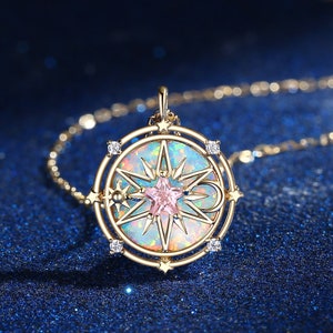 Vintage Pink Crystal Star Pendant Necklace Yellow Gold North Star Necklace Celestial Jewelry Sun Moon Opal Pentagon Compass Birthstone Gift
