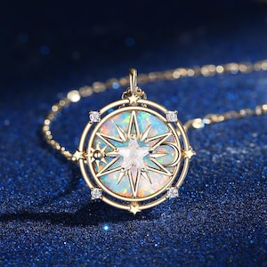 Vintage Opal Pendant North Star Compass Necklace Yellow Gold Celestial Jewelry Sun Moon Moissanite Star Pentagon Handmade Anniversary Gift
