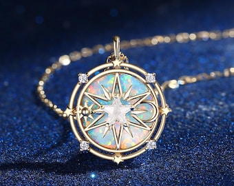 Vintage Opal Pendant North Star Compass Necklace Yellow Gold Celestial Jewelry Sun Moon Moissanite Star Pentagon Handmade Anniversary Gift