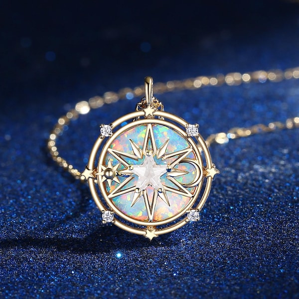 Vintage Opal Pendant North Star Compass Necklace Yellow Gold Celestial Jewelry Sun Moon Moissanite Star Pentagon Handmade Anniversary Gift