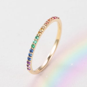 Rainbow Ring Rainbow Sapphire Wedding Band Women Yellow Gold Antique Ring Natural Sapphire Ring Half Eternity Multicolor Boho Stacking Ring