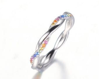 Rainbow Sapphire Ring Yellow Gold 3mm Wedding Band Gradient Ring September Birthstone Full Eternity Stacking Rings Stackable Blue Pink Green