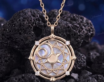Moonstone Necklace Sun Moon Star Yellow Gold North Star Pendant