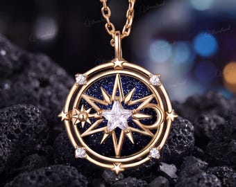 Vintage Blue Sandstone Pendant Yellow Gold Compass Necklace Celestial Jewelry Sun Moon Moissanite North Star Pendant Dainty Starry Night