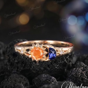 Dainty Sun And Moon Engagement Ring Unique Sunstone Ring Moon Shaped Sapphire Ring Yellow Gold North Star Moissanite Women Anniversary Gift