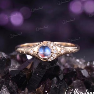 Unique Moonstone Engagement Ring Vintage Yellow Gold Halo Moissanite Star Moon Goddess Ring North Star Ring Celestial Women Anniversary Gift
