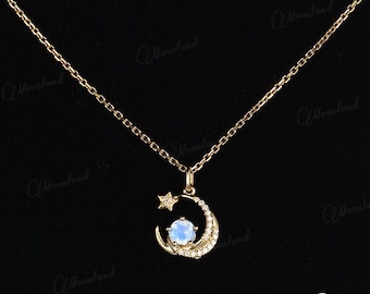 Unique Moonstone Necklace Yellow Gold Double Moon Pendant Necklace Pave Moissanite Star Crescent Charm Dainty Celestial Jewelry Gift For Her