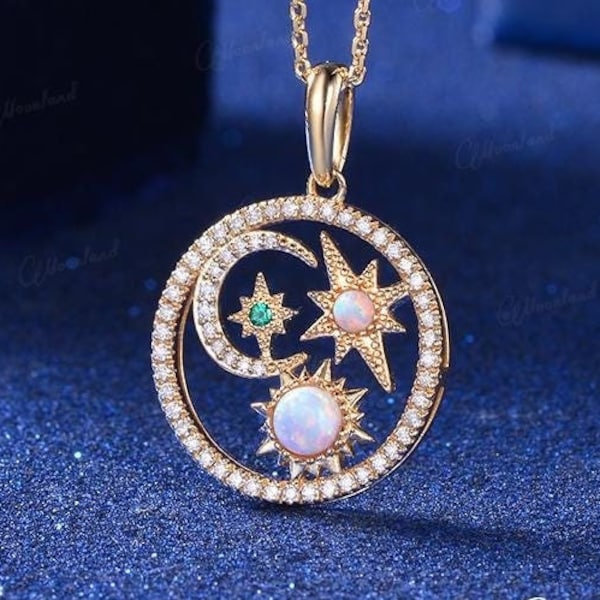Collar con colgante de sol, luna y estrella del norte, único colgante celestial de ópalo y moissanita, collar de ópalo esmeralda, regalo de galaxia de oro rosa para mujer
