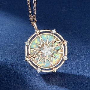 Vintage Opal Pendant North Star Compass Necklace Yellow Gold Celestial Jewelry Sun Moon Moissanite Star Pentagon Handmade Anniversary Gift