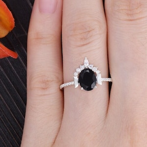 Vintage Black Onyx Engagement Ring White Gold Oval Cut Ring Unique Half Moon Wedding Ring Women Eternity Moissanite Ring Celestial Art Deco