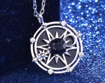 North Star Sun And Moon Pendant Necklace Blue Sandstone Compass Necklace Celestial Dainty Medallion Pendant Starry Night Anniversary Gift