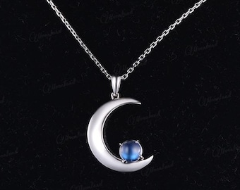 Collar delicado de piedra lunar con colgante de luna creciente, joyería celestial minimalista de oro blanco, piedra natal de junio, regalo de aniversario para ella.