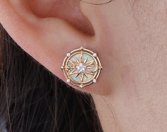 Vintage Opal Stud Earrings North Star Compass Earrings Yellow Gold Celestial Jewelry Sun Moon Pentagon Star Earrings Dainty Anniversary Gift