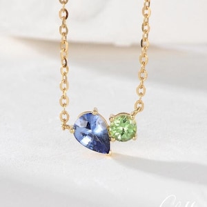 Custom Two Stone Necklace Toi Et Moi Necklace Unique Mini Sapphire Peridot Family Birthstone Pendant Spouse Dual Necklace Promise Women Gift
