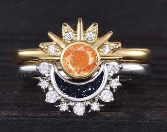 Sun And Moon Ring Set Unique Bezel Sunstone Ring Blue Sandstone Couple Rings Star Moissanite Halo Gold Men's Wedding Ring Anniversary Gift