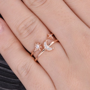 Vintage Moon And Star Ring Moissanite Open Ring Starry Sky Cluster Ring Celestial Ring Rose Gold North Star Ring Unique Asymmetrical Ring