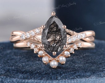Black Rutilated Quartz Engagement Ring Sets Rose Gold Ring Crystal Ring Women Pear Shaped Ring V Shaped Ring Pearl Wedding Band Diamond Ring