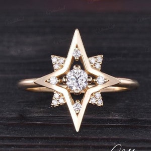 Unique North Star Engagement Ring Dainty Moissanite Wedding Ring Promise Ring Minimalist Yellow Gold Diamond Statement Ring Anniversary Gift
