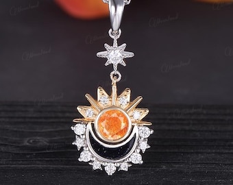 Collar con colgante de sol y luna, bisel dorado único de dos tonos, piedra solar en forma de luna, collar de arenisca azul, moissanita, estrella del norte, regalo de aniversario