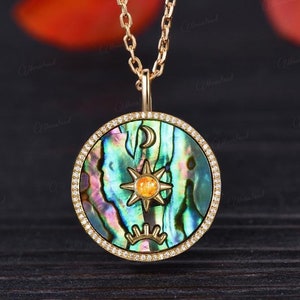 Dainty Natural Abalone Shell Necklace Sunstone Pendant Necklace Sun Moon Paua Shell Colorful Abalone Gold Jewelry For Women Anniversary Gift