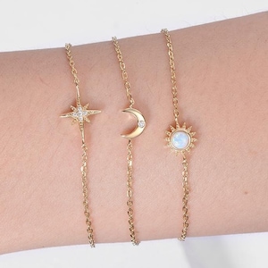 Dainty Opal Bracelet Yellow Gold Sun Moon Star Bracelet North Star Moissanite Celestial Bracelet Yellow Gold Silver Chain Women Gift For Her
