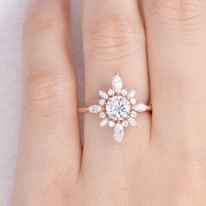 Starburst Engagement Ring Vintage Sun Moissanite Ring Rose Gold Cluster Celestial Ring Halo Antique Jewelry Women Cocktail Ring Unique Ring