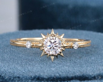 Vintage Moissanite Engagement Ring Yellow Gold Sun Ring Celestial Wedding Ring Women Unique Solitaire Milgrain Sun Flower Ring Gift For Her