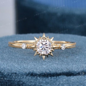 Vintage Moissanite Engagement Ring Yellow Gold Sun Ring Celestial Wedding Ring Women Unique Solitaire Milgrain Sun Flower Ring Gift For Her