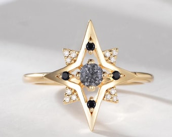 Anillo de compromiso único con diamantes sal y pimienta, delicado anillo de boda de moissanita, anillo de promesa Estrella del Norte, regalo de aniversario minimalista en oro amarillo