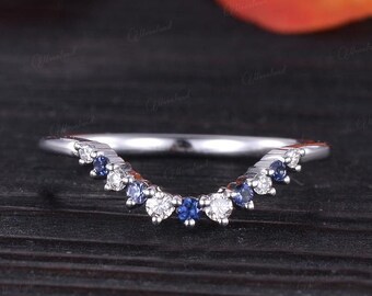 Sapphire Wedding Band Diamond Band Woman White Gold Curved Ring Sapphire Wedding Ring Chevron Dainty Stacking Ring September Birthstone Gift