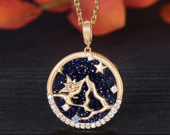 Collar con colgante de sol, estrella y montaña, colgante de arenisca azul, citrino, zafiro, moissanita, medallón, noche estrellada, joyería para mujer, regalo