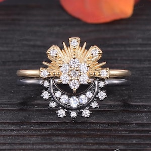 Sun And Moon Couple Rings Set Unique Gold Moissanite Engagement Ring Set Black Gold Moonstone His And Hers Rings Star Ring Anniversary Gift