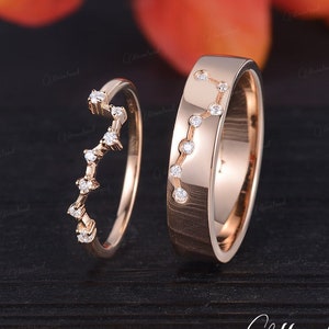 Big Dipper Wedding Band Couples Ring Set Mens Band North Star Ring Unique Bezel Diamond Guiding Star Constellation Ring Galaxy Anniversary