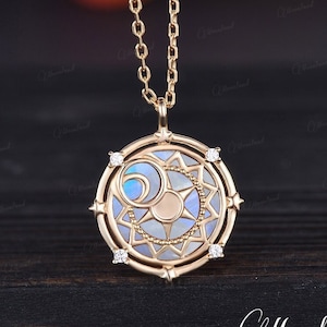 Moonstone Necklace Sun Moon Star Yellow Gold North Star Pendant Witch Jewelry Moon Goddess Esoteric Necklace Starseed Necklace Gift For Her