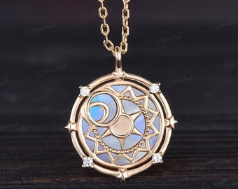 Moonstone Necklace Sun Moon Star Yellow Gold North Star Pendant Witch Jewelry Moon Goddess Esoteric Necklace Starseed Necklace Gift For Her