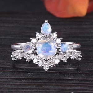 Vintage Moonstone Engagement Ring Sets Antique White Gold Bridal Set Half Halo Tear Drop Moonstone Ring Curved Milgrain Diamond Wedding Band