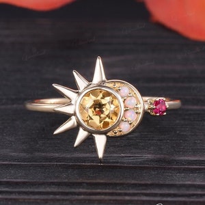 Vintage Citrine Engagement Ring Sun Moon Opal Wedding Ring Ruby Birthstone Ring Half Halo Sunburst Yellow Gold Celestial Anniversary Gift