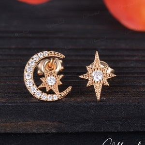 Moon And Star Stud Earrings Asymmetrical Earring North Star Moissanite Studs Pave Diamond Moon Gold Dainty Handmade Jewelry Anniversary Gift