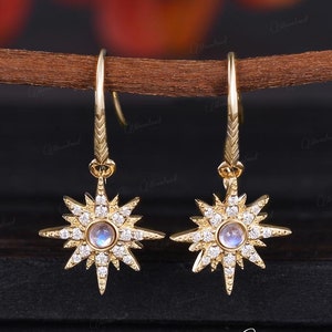 Moonstone Dangle Earrings Vintage Starburst Yellow Gold Bezel Drop Earrings Moissanite Star Hoop Earrings North Star Earring Celestial Gift