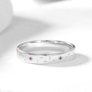 Moon And Star Wedding Band Women Ruby Black Onyx Diamond Mens Wedding Ring Unique Engraved North Star Celestial Jewelry Anniversary Gift