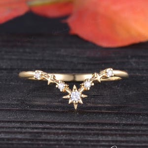 Unique North Star Wedding Band Women Yellow Gold Moissanite Curved Band Dainty Chevron Matching Band Celestial Wedding Ring Anniversary Gift