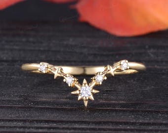 Unique North Star Wedding Band Women Yellow Gold Moissanite Curved Band Dainty Chevron Matching Band Celestial Wedding Ring Anniversary Gift