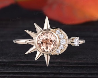 Morganiet verlovingsring Vintage Celestial trouwring vrouwen geelgouden Sun Catching Moon Ring Crescent Bridal Ring Anniversary Gift 14K, €