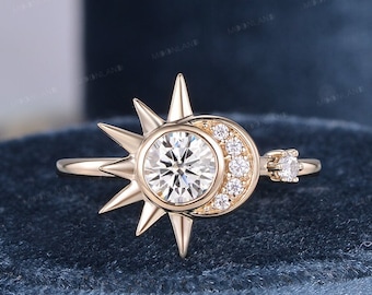 Moissanite Engagement Ring Vintage Celestial Wedding Ring Women Yellow Gold Sun Ring Crescent Bridal Ring Moon Star Galaxy Anniversary Gift