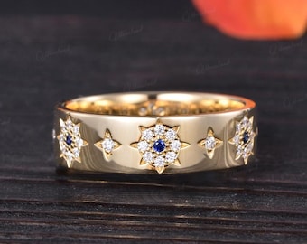 6mm Natural Sapphire Wedding Band Women Unique Yellow Gold North Star Ring Moissanite Halo Flower Nature Alliance Ring Mens Thick Band Gift