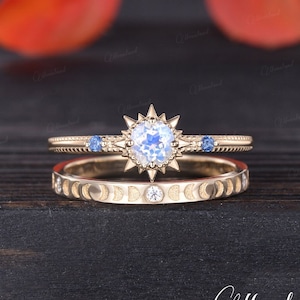 Sun And Moon Ring Set Vintage Natural Moonstone Engagement Ring Sunburst Bezel Blue Topaz Ring Unique Phases Of Moon Ring Promise Birthstone