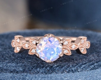 Vine Leaf Moonstone Engagement Ring Rose Gold Art Deco Moonstone Ring 6.5mm Round Cut Rainbow Moonstone Half Eternity Diamond Band Unique