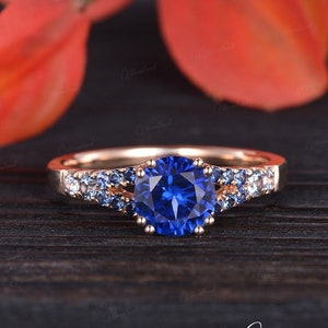 Vintage Sapphire Engagement Ring Rose Gold Blue Gemstone Wedding Ring Unique Split Shank Cluster Half Eternity Ring For Women Anniversary